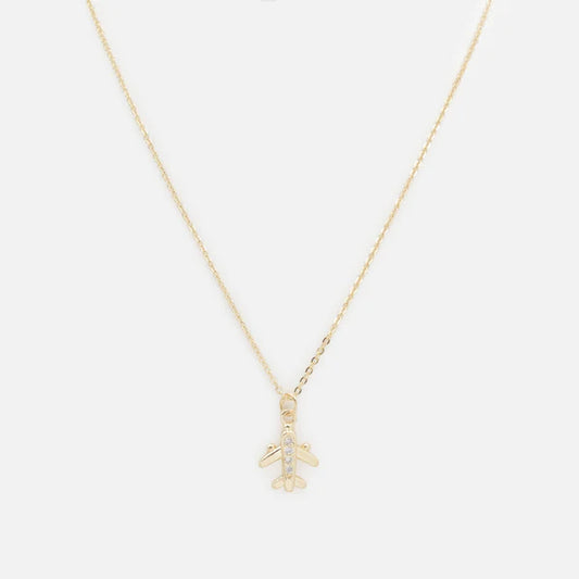 Gold Tone Small Airplane Charm Necklace with Cubic Zirconia