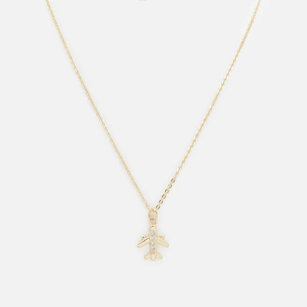Gold Tone Small Airplane Charm Necklace with Cubic Zirconia