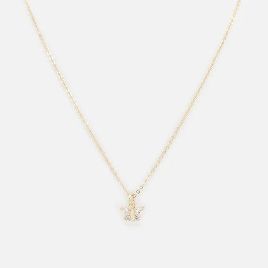 Gold Tone Small Butterfly Charm Necklace with Cubic Zirconia
