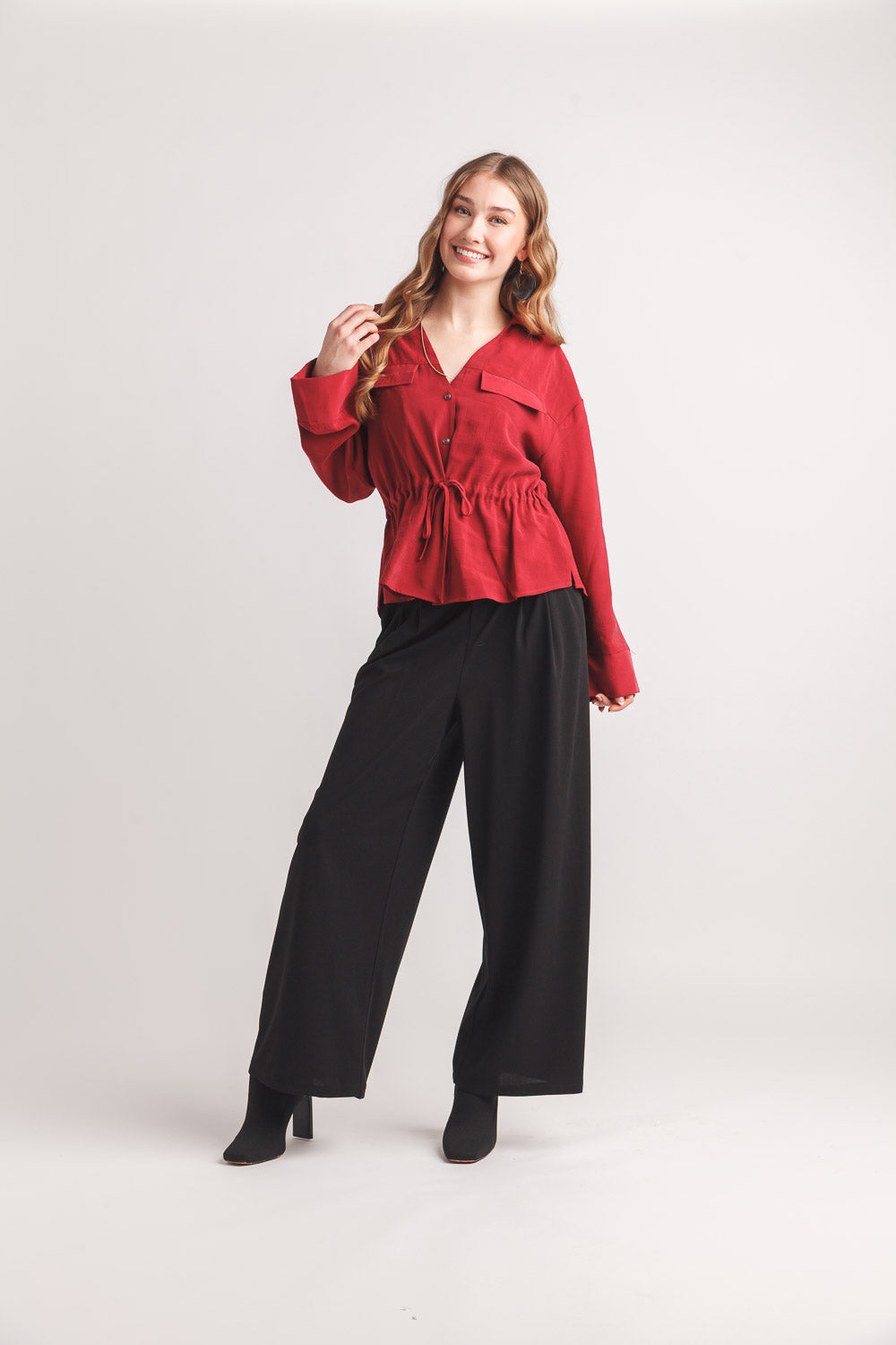 Collared Henley Blouse w/Drawstring Waist