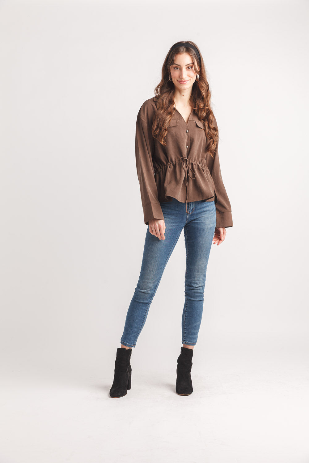 Collared Henley Blouse w/Drawstring Waist