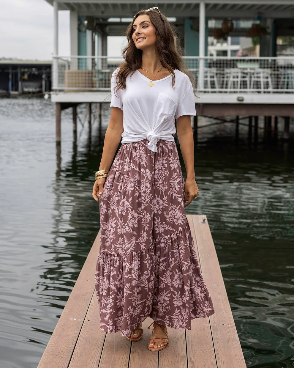 Pocket Tiered Maxi Skirt in Pink Floral-SALE