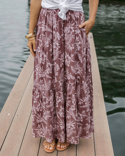 Pocket Tiered Maxi Skirt in Pink Floral-SALE