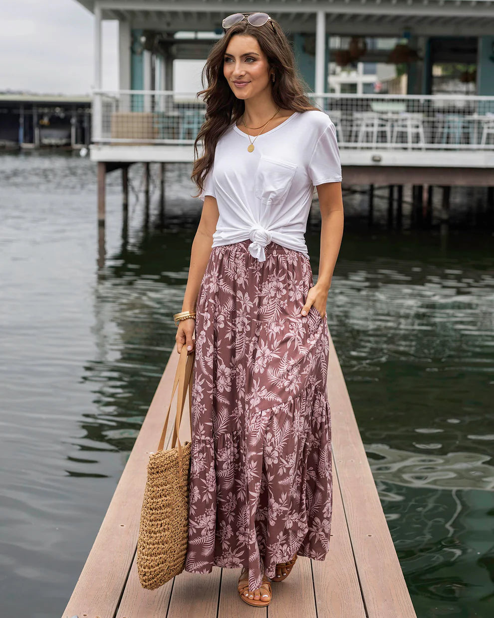 Pocket Tiered Maxi Skirt in Pink Floral-SALE