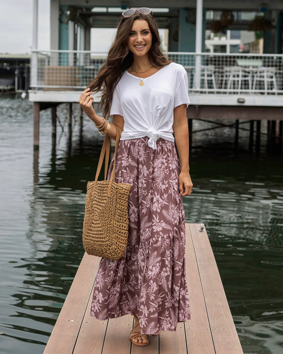 Pocket Tiered Maxi Skirt in Pink Floral-SALE