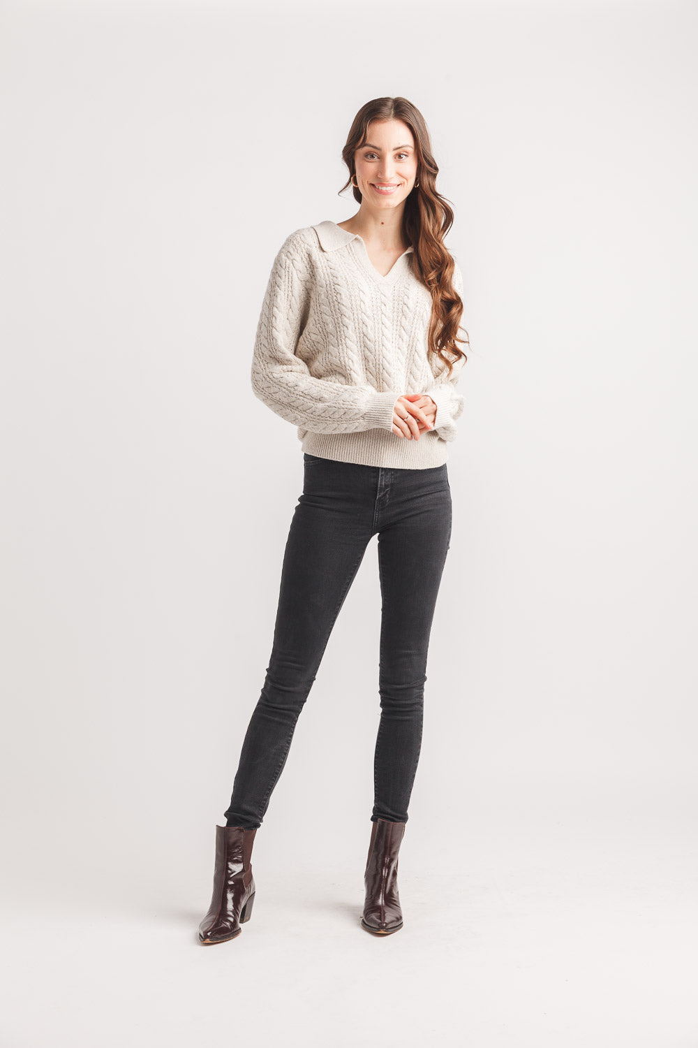 V Neck Collared Cable Knit Sweater