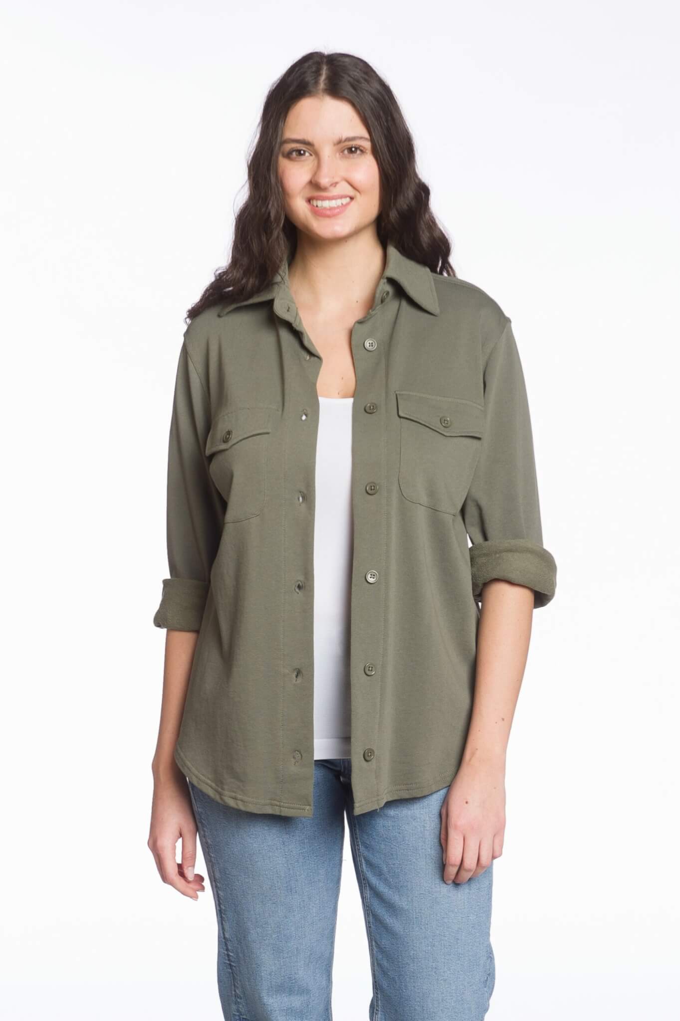 Long Sleeve Button-Up Fleece Shirt Jacket with Chest Pockets