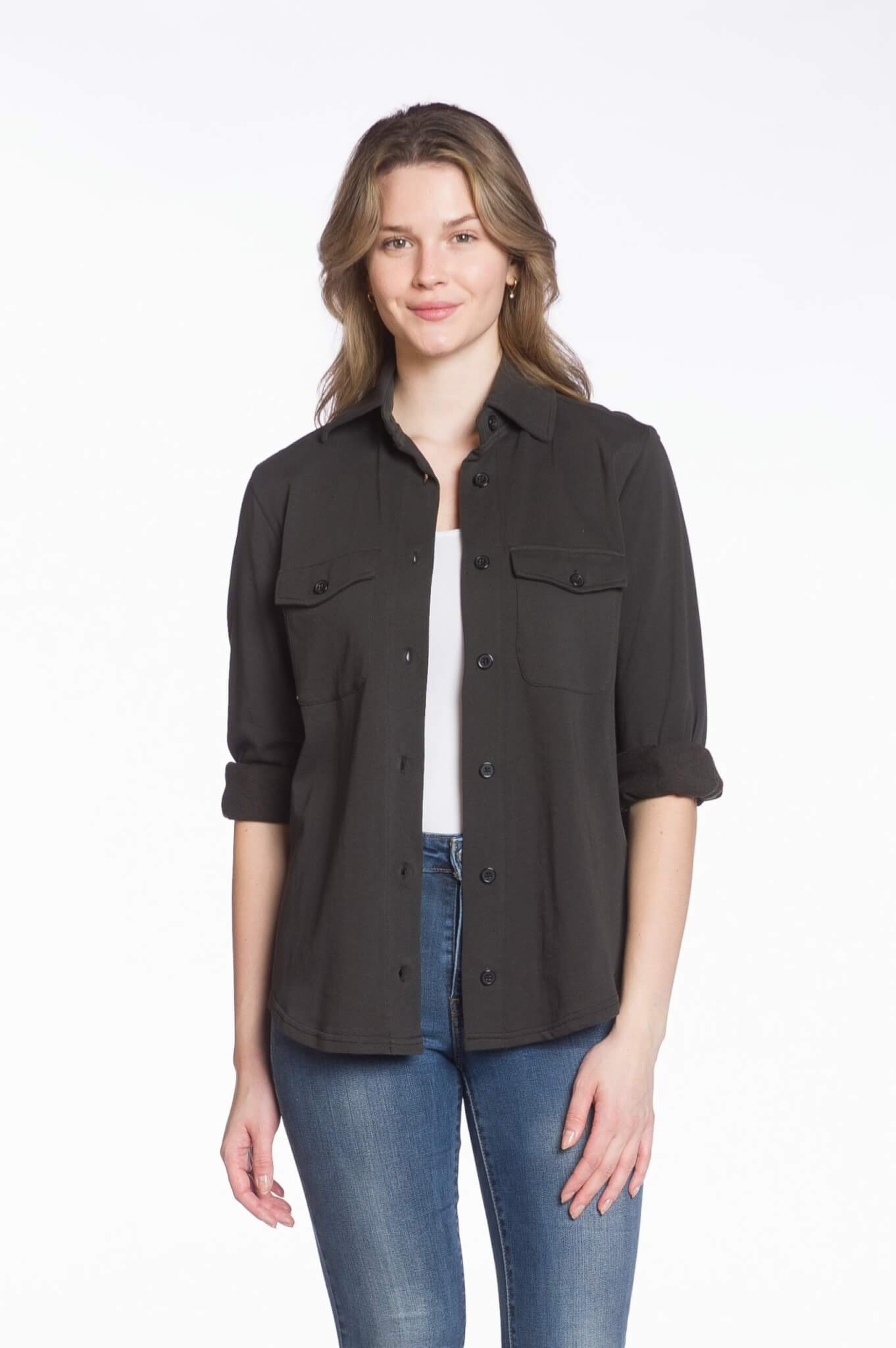 Long Sleeve Button-Up Fleece Shirt Jacket with Chest Pockets