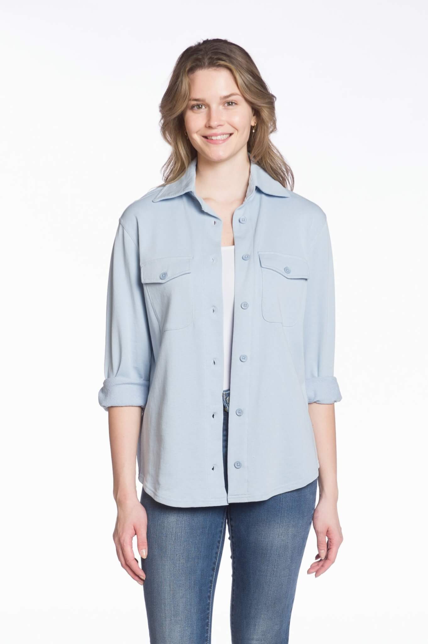 Long Sleeve Button-Up Fleece Shirt Jacket with Chest Pockets