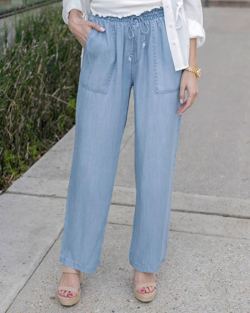 Tencel™ Lyocell Drawstring Wide Leg Pants in Chambray Wash