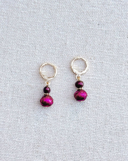 Jewel Tone Freshwater Pearl Gold Huggie Hoop Earrings