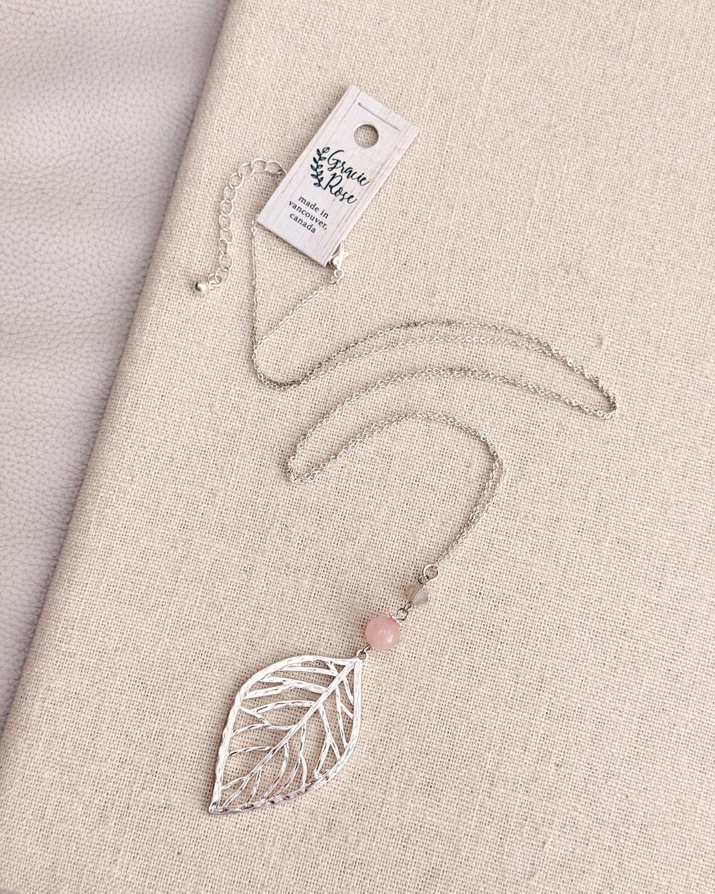 Silver Leaf Necklace – Rose Quartz & Swarovski Crystal