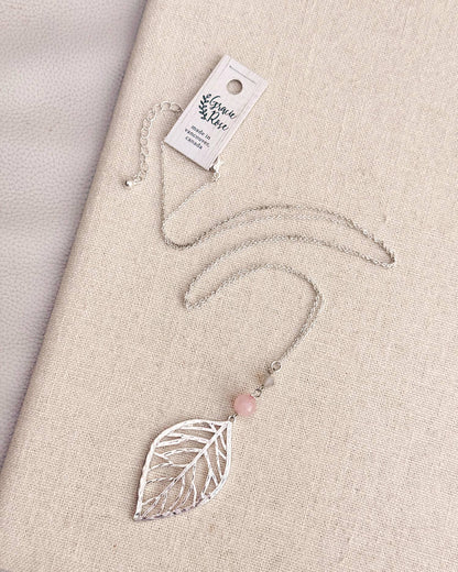Silver Leaf Necklace – Rose Quartz & Swarovski Crystal