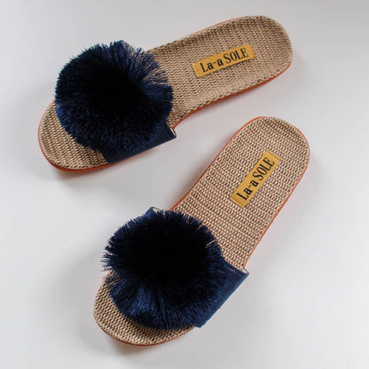 La-a SOLE - Pom Pom Slides – Navy | Women’s Slip-On Summer Sandals