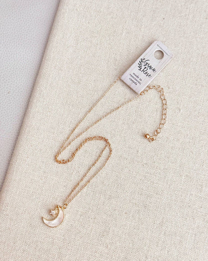 Cubic Zirconia Shell Moon & Star Charm Necklace