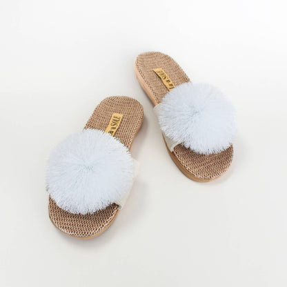 Pom Pom Slides – White | Women’s Slip-On Summer Sandals