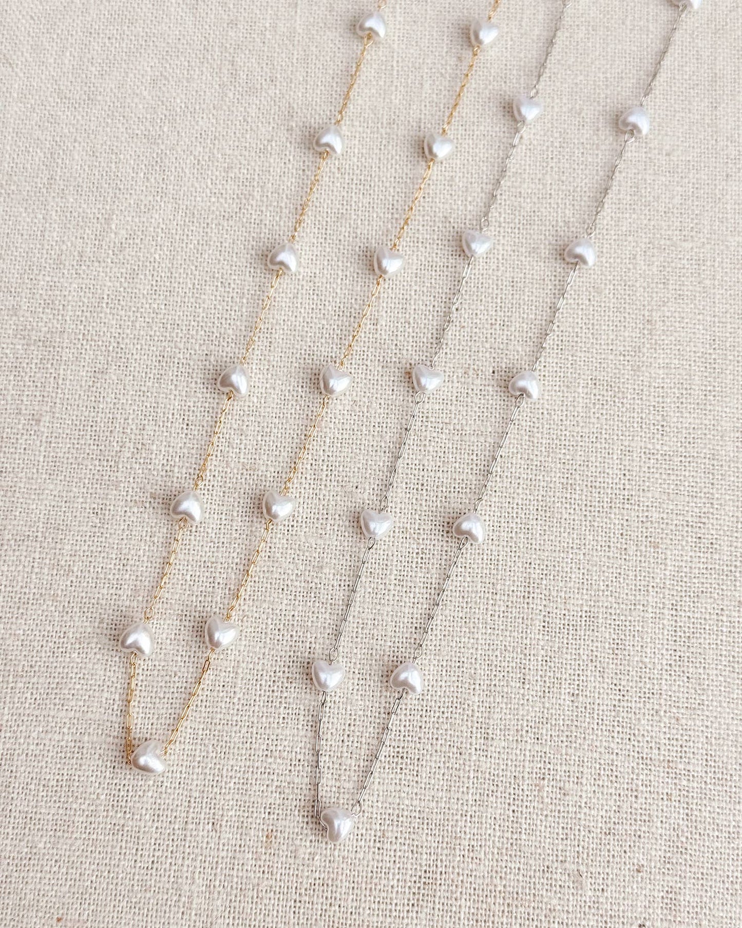 Faux Pearl Hearts Link Chain Necklace