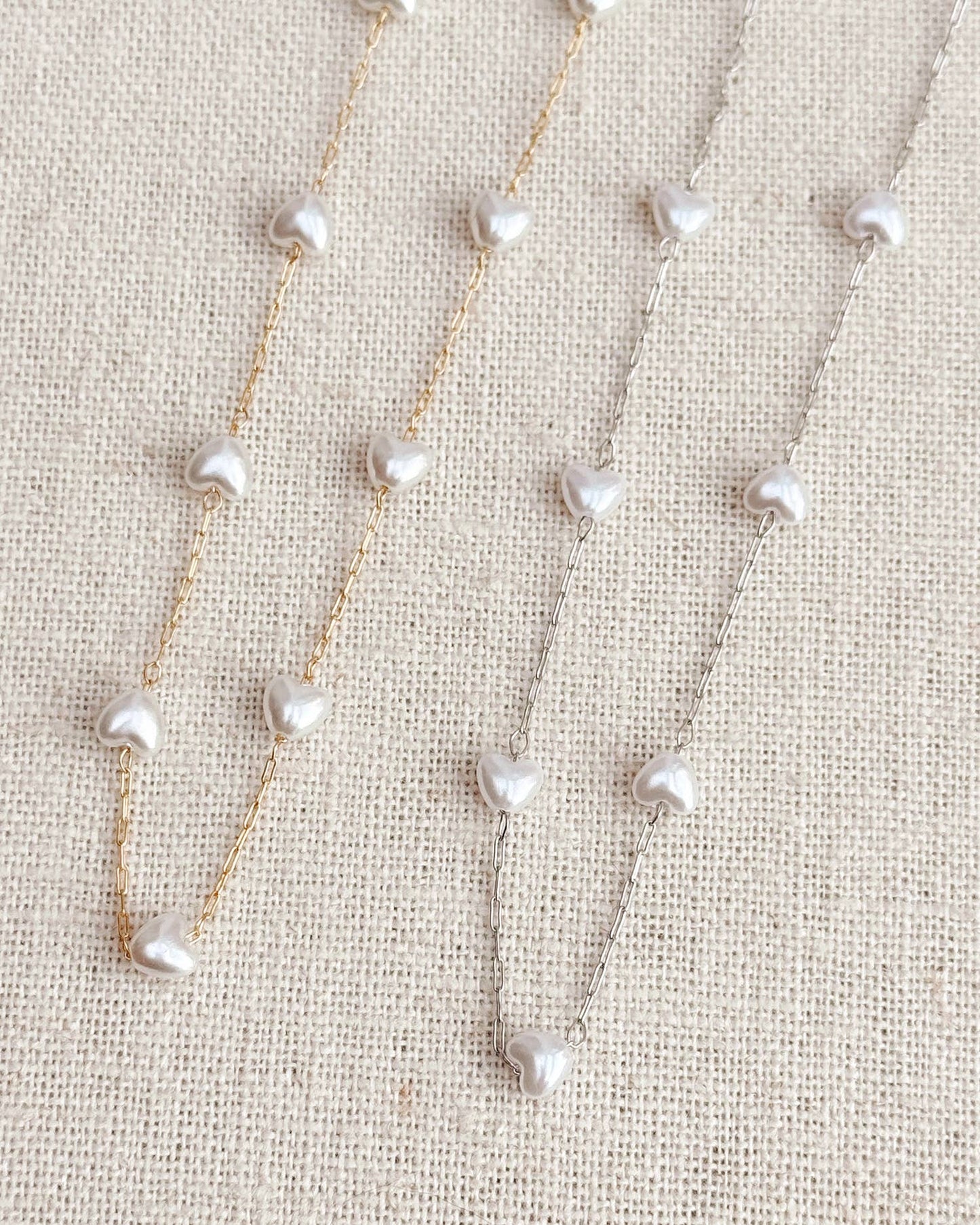 Faux Pearl Hearts Link Chain Necklace