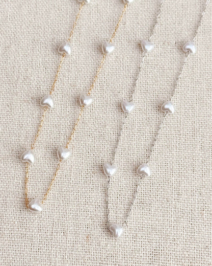 Faux Pearl Hearts Link Chain Necklace