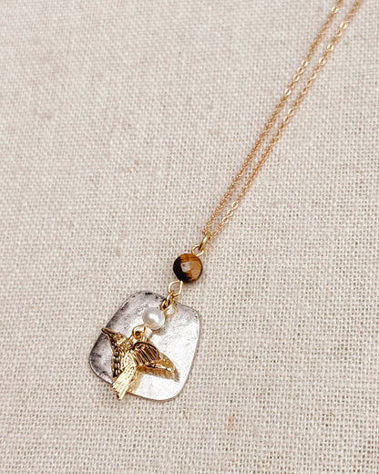 Tiger’s Eye Freshwater Pearl Hummingbird Necklace