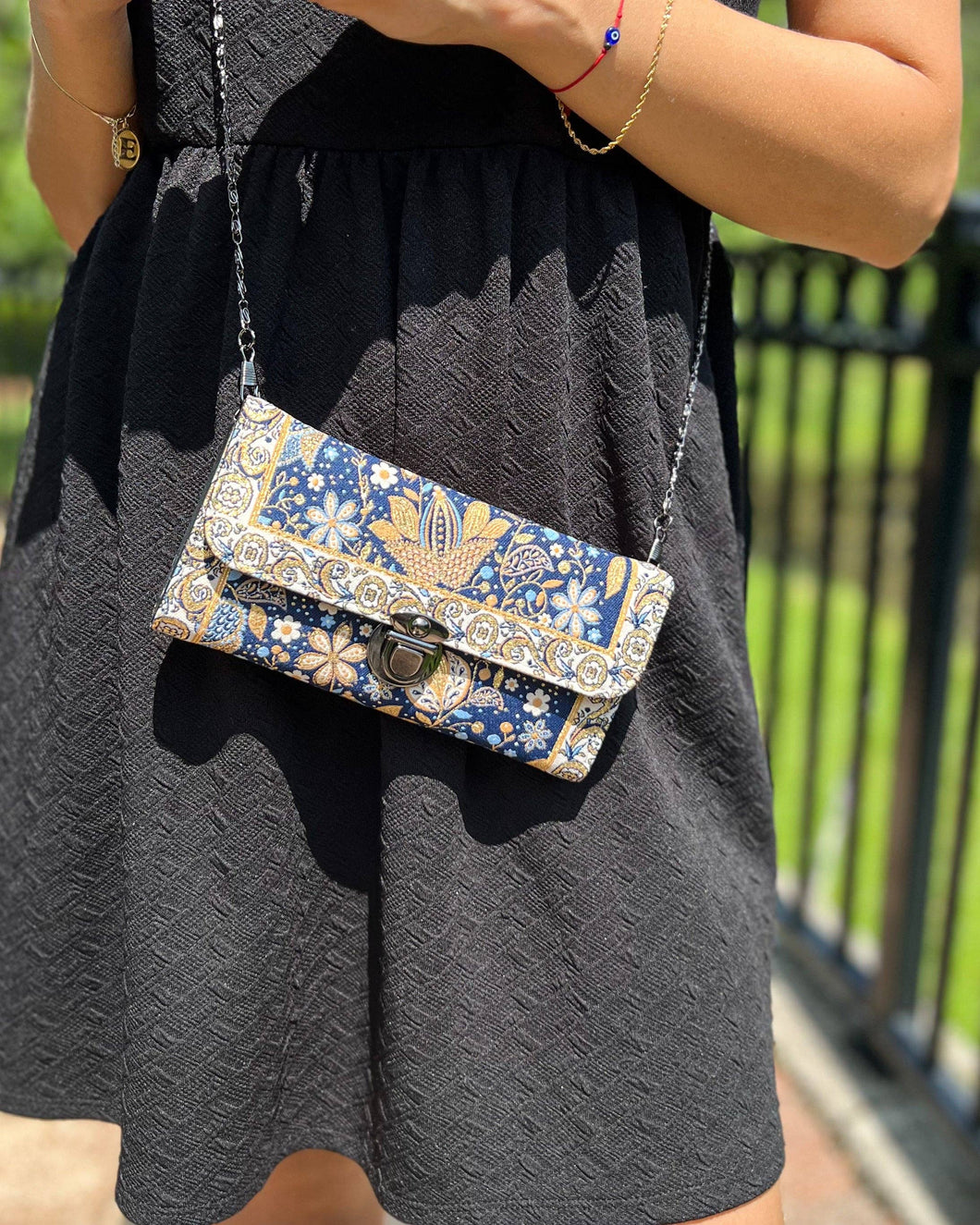 Gold & Navy  Floral Turkish Crossbody Bag