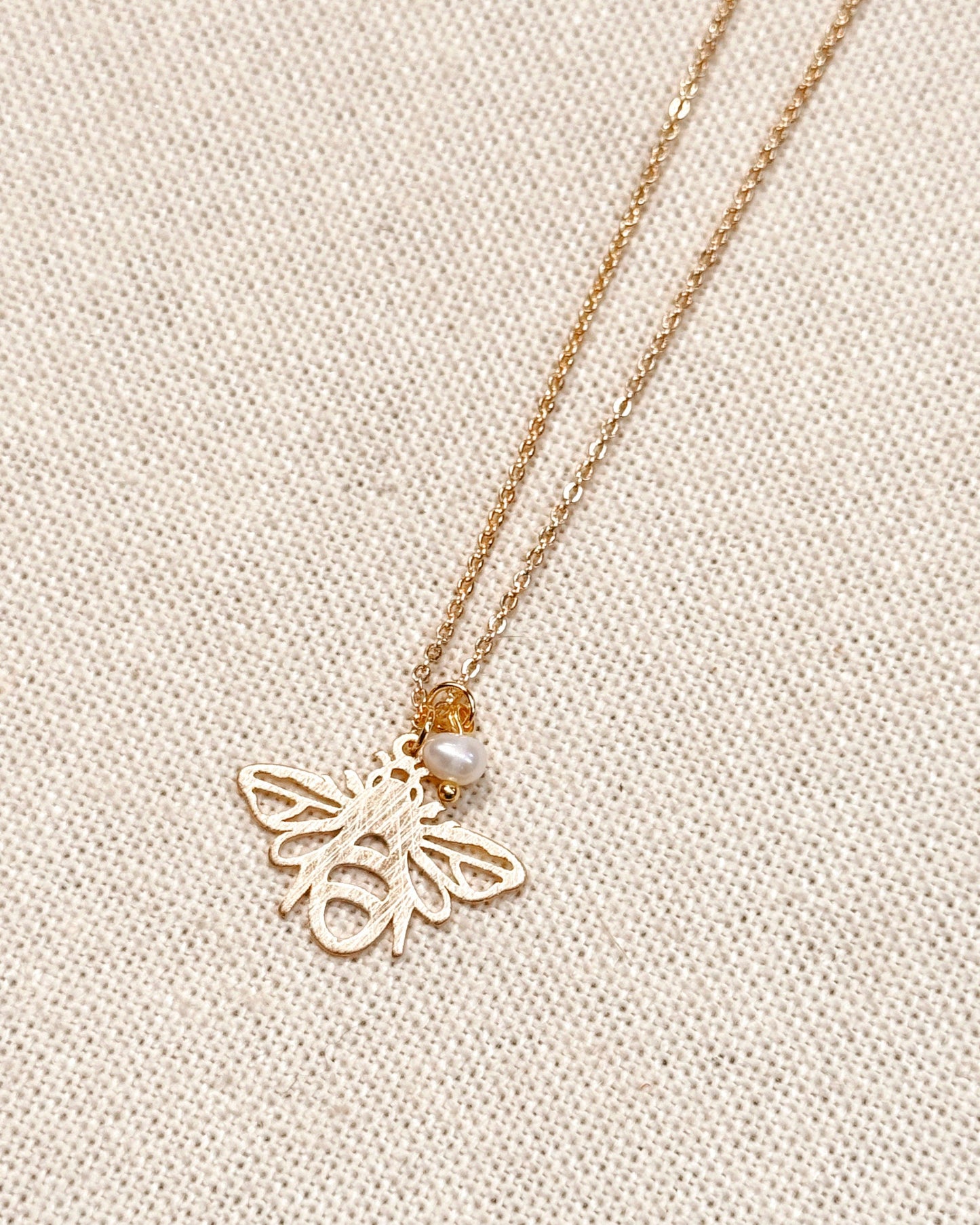 Textured Brass Bee Gold Charm Necklace 245190