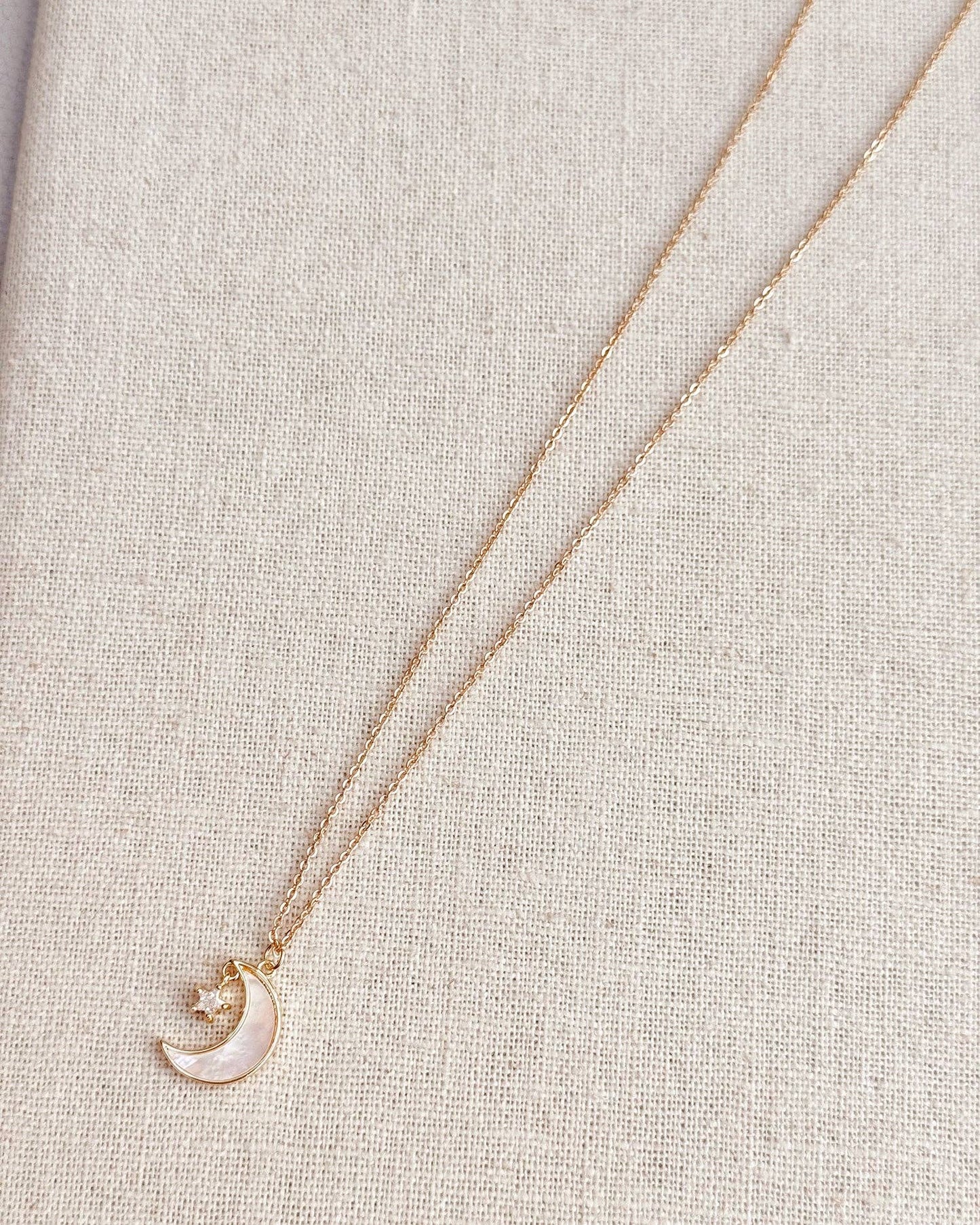 Cubic Zirconia Shell Moon & Star Charm Necklace