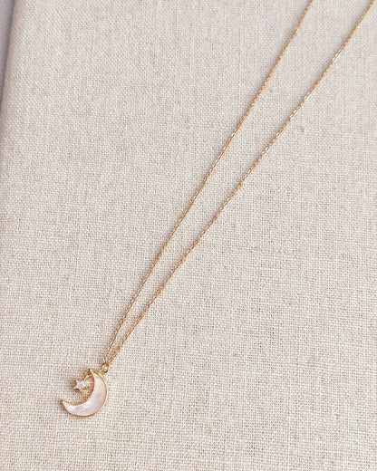 Cubic Zirconia Shell Moon & Star Charm Necklace