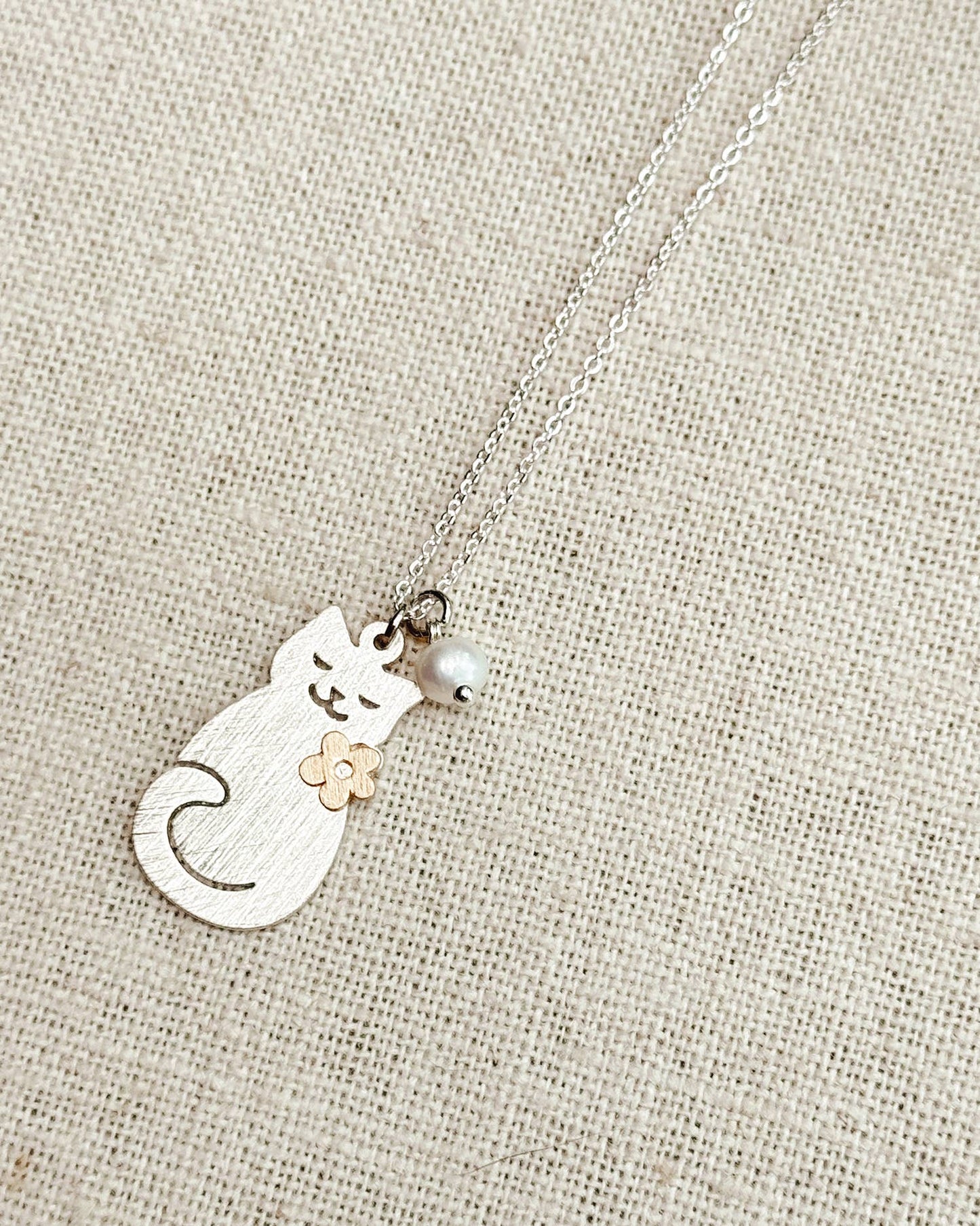 Brass Cat Charm Necklace with Pearl Accent 248772