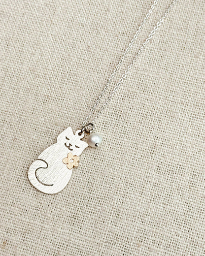 Brass Cat Charm Necklace with Pearl Accent 248772
