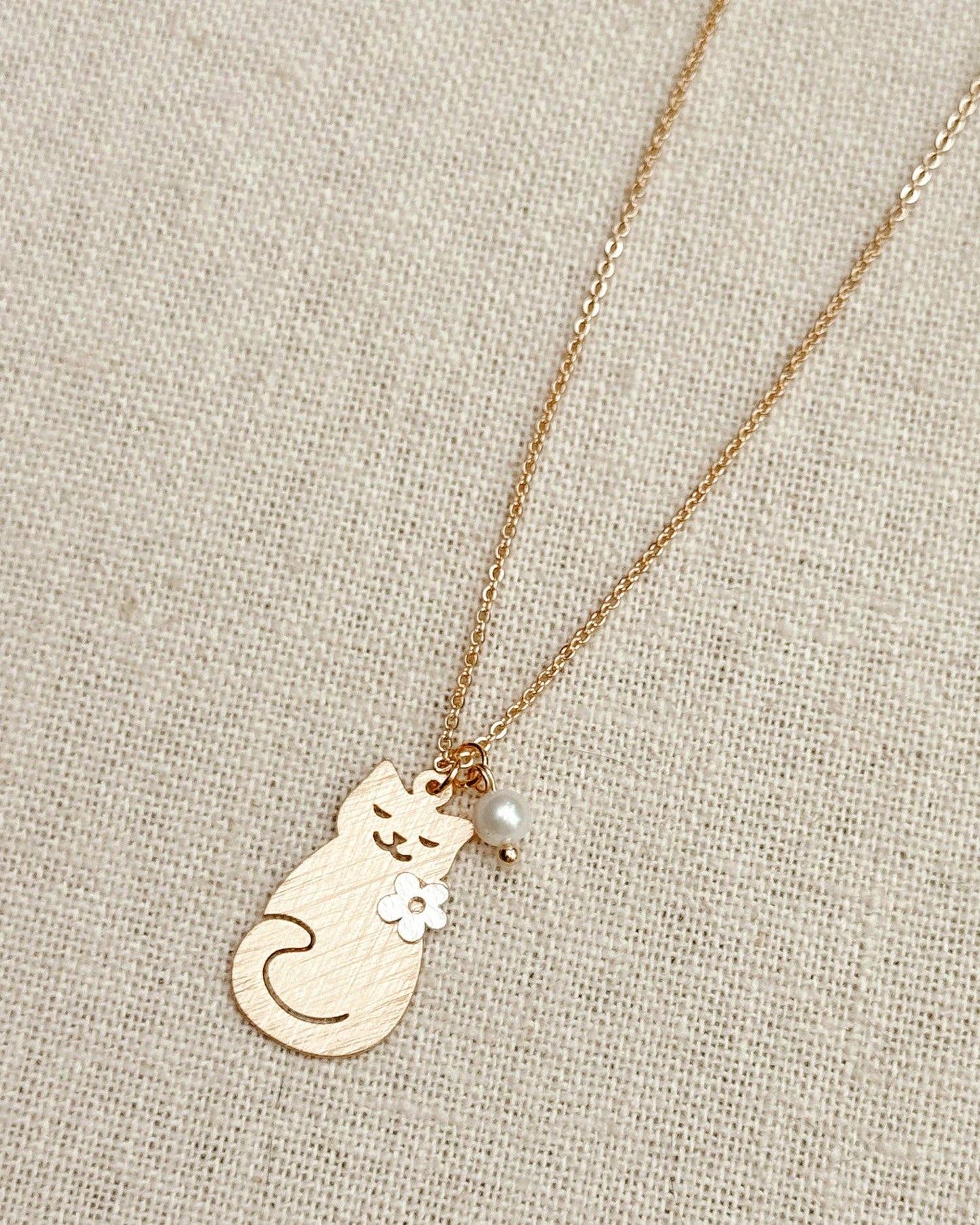 Brass Cat Charm Necklace with Pearl Accent 248772