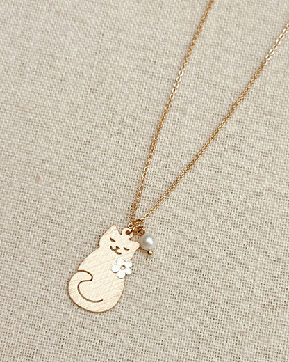 Brass Cat Charm Necklace with Pearl Accent 248772