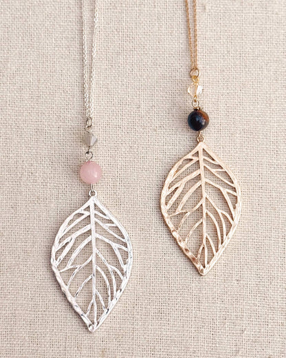 Silver Leaf Necklace – Rose Quartz & Swarovski Crystal