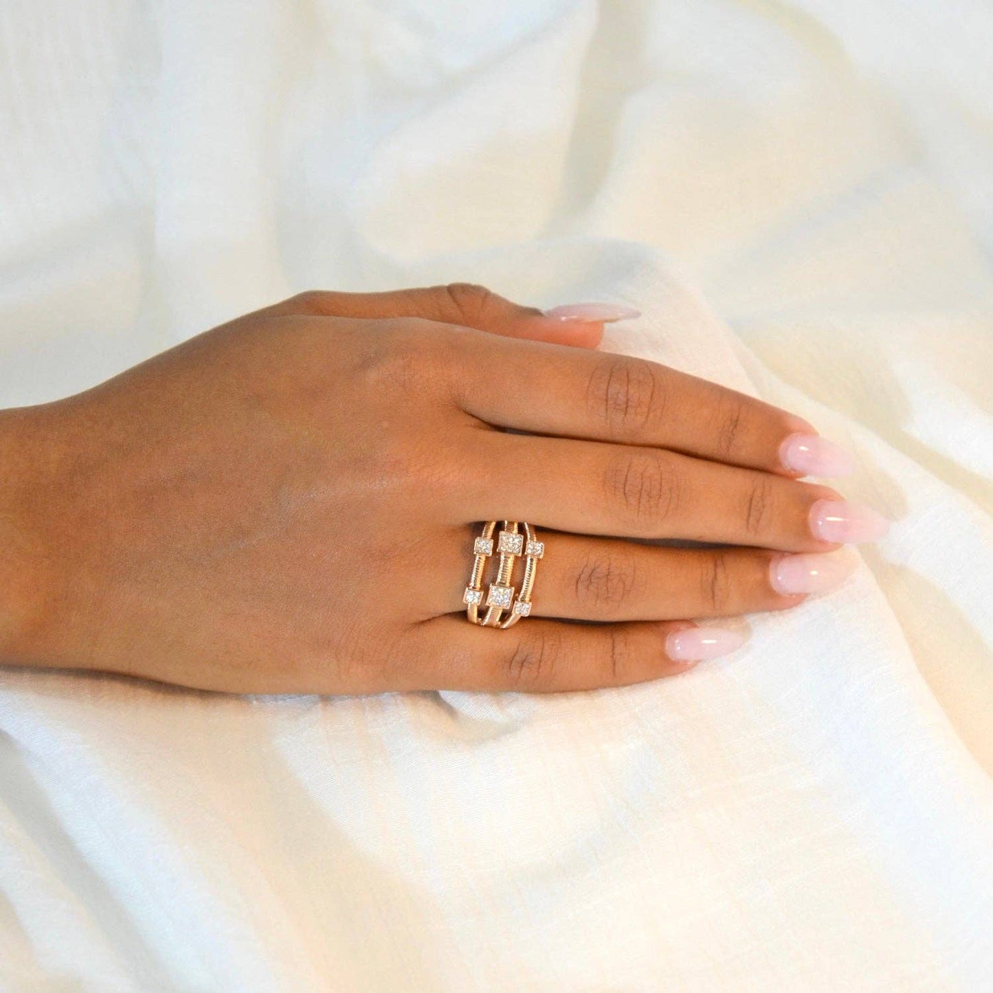 La-a SOLE - Three Rows w/ Square CZ Stone Stretch Ring | Rose Gold