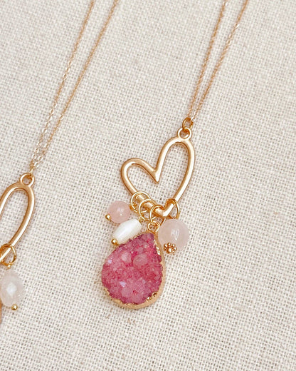 Colorful Druzy Quartz Cluster Heart Pendant Necklace 80330