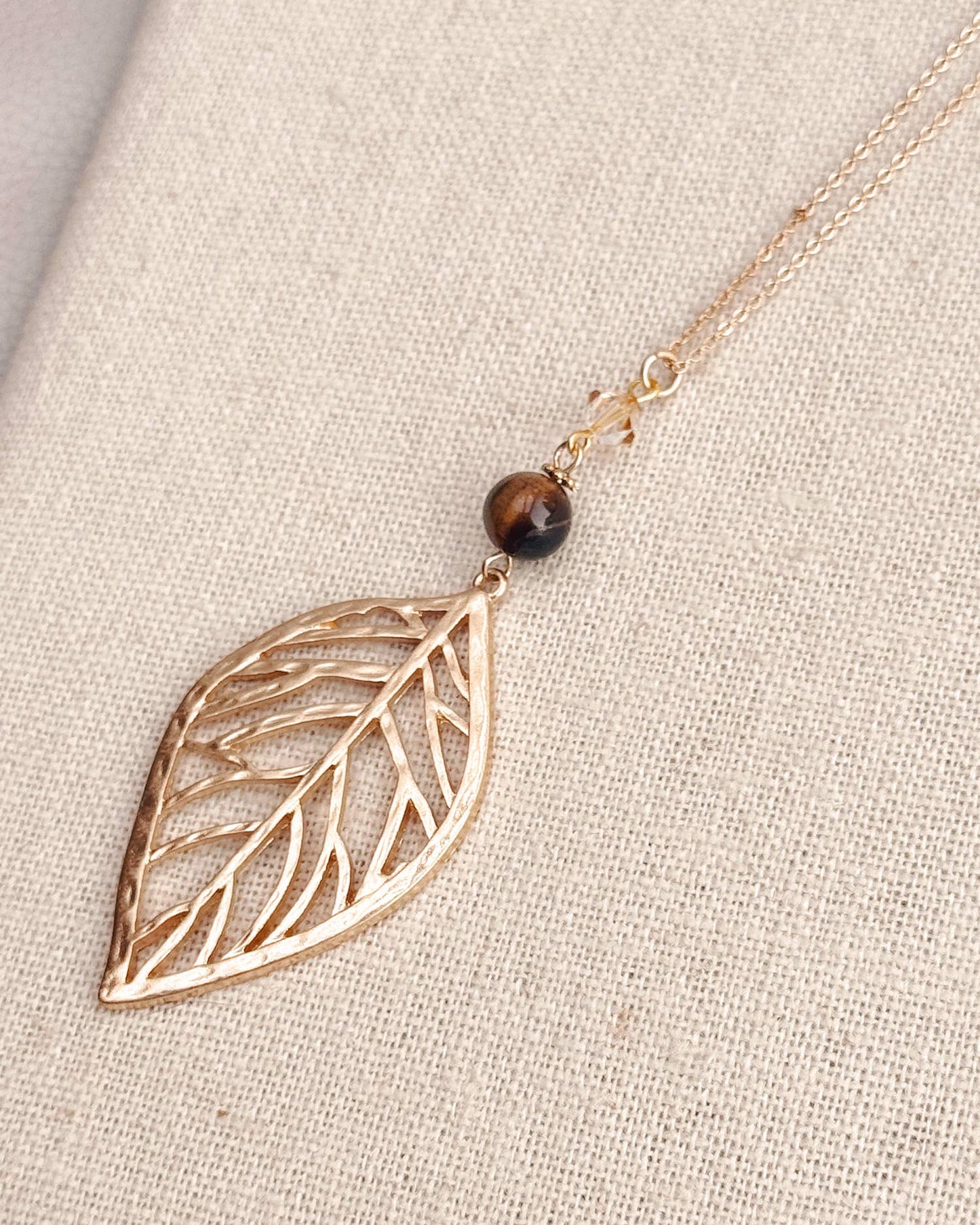 Tiger Eye & Swarovski Crystal Gold Leaf Necklace