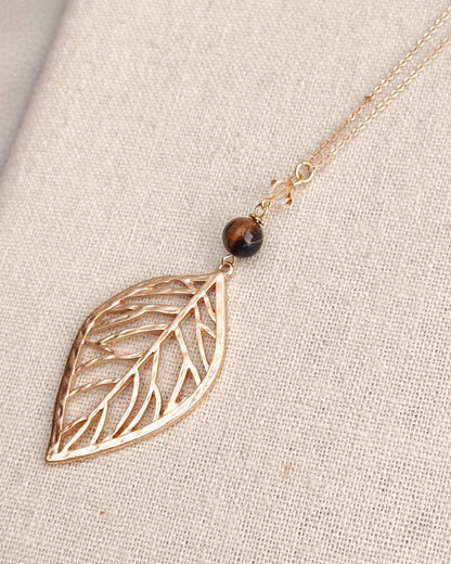 Tiger Eye & Swarovski Crystal Gold Leaf Necklace