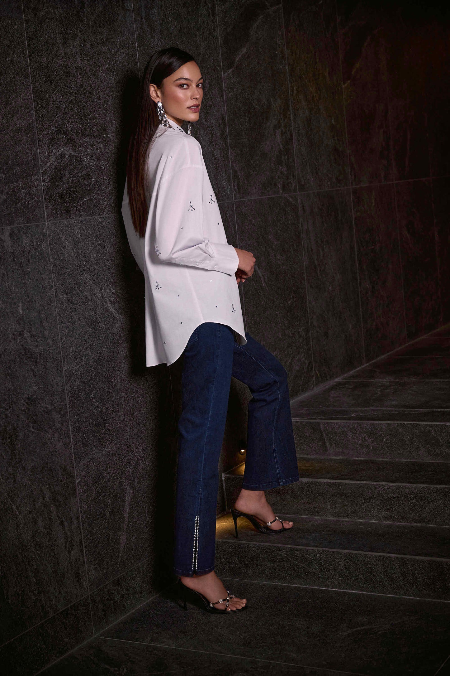 Classic Straight Leg Jeans with Rhinestone Hem-254917