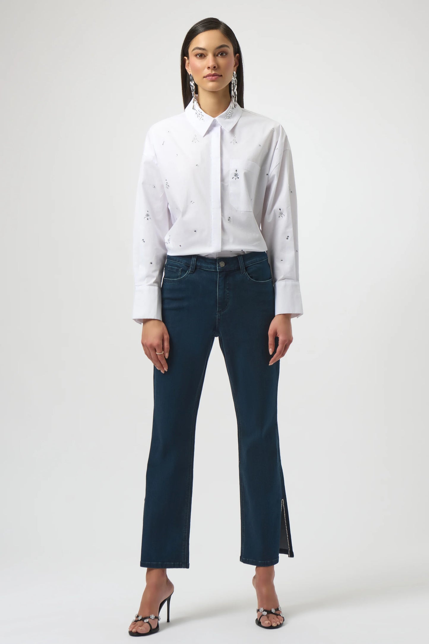Classic Straight Leg Jeans with Rhinestone Hem-254917