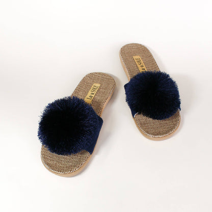 La-a SOLE - Pom Pom Slides – Navy | Women’s Slip-On Summer Sandals