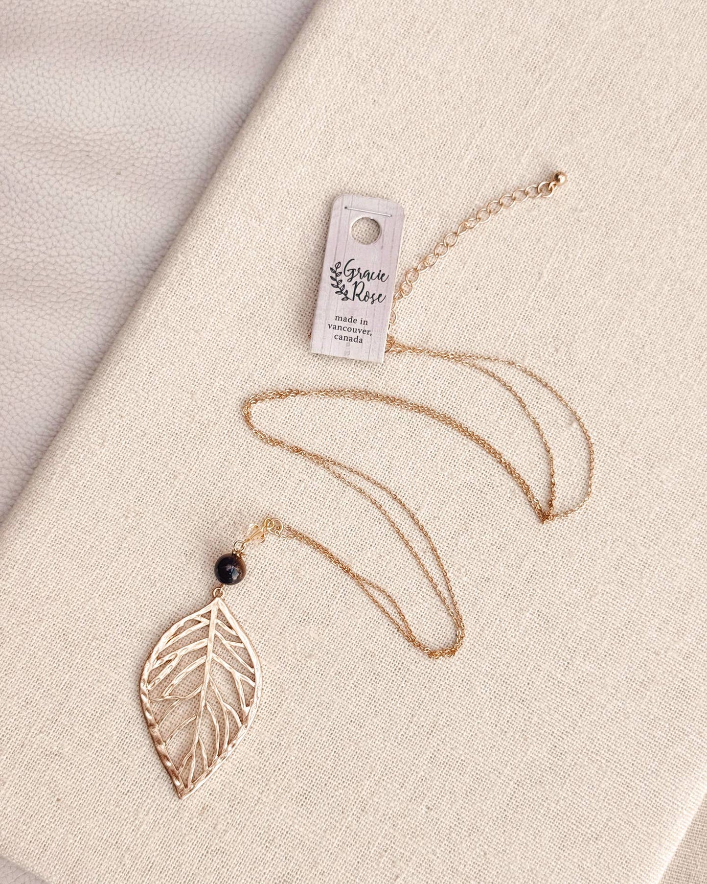 Tiger Eye & Swarovski Crystal Gold Leaf Necklace