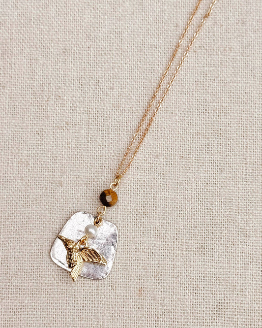 Tiger’s Eye Freshwater Pearl Hummingbird Necklace 182028