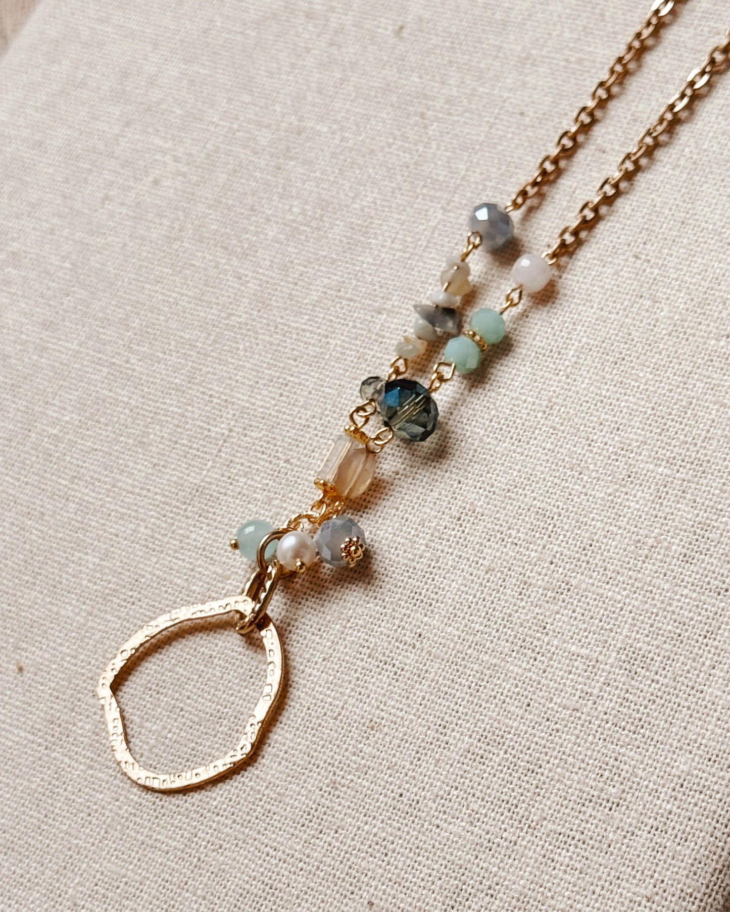 Gold Pearl & Blue Mixed Stone Circle Necklace
