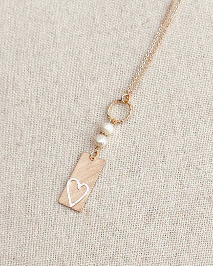 Two Tone Gold & Silver Pearl Heart Tag Necklace 245488
