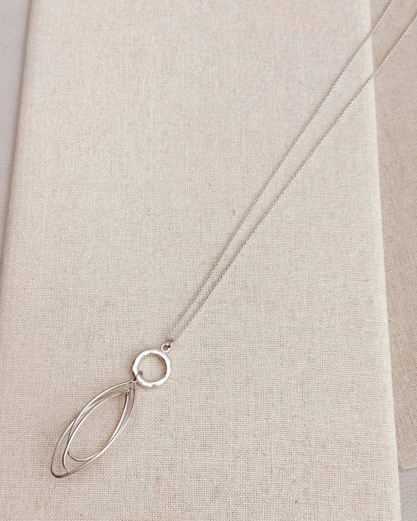Matte Silver Double Oval Pendant Necklace