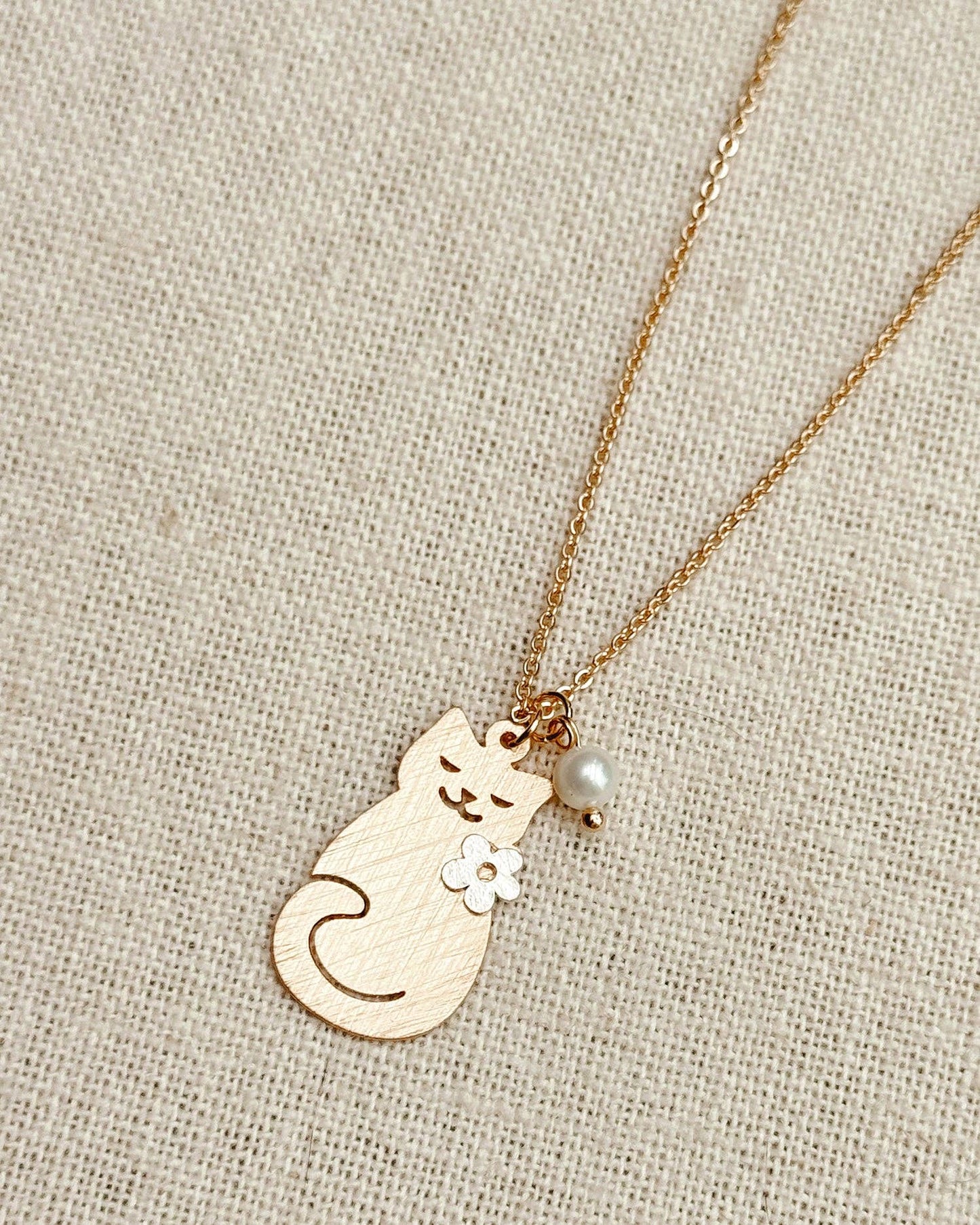 Brass Cat Charm Necklace with Pearl Accent 248772