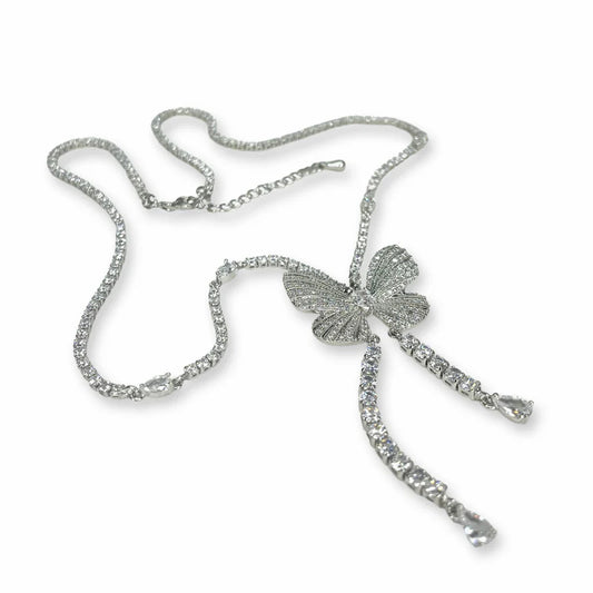 Silver Butterfly Crystal Drop Necklace