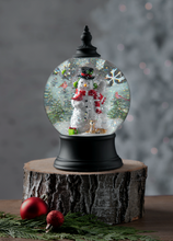 Load image into Gallery viewer, LED Light Up Rotating Shimmer Snowman Scene Globe
