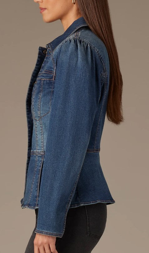Long Sleeve Snap Front Peplum Hem Denim Jacket