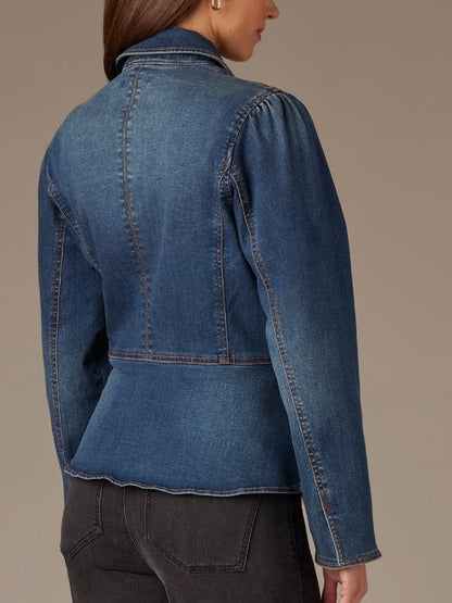 Long Sleeve Snap Front Peplum Hem Denim Jacket